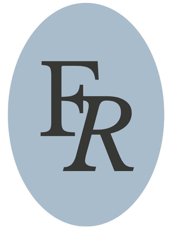 Logo featuring the letters "FR" in black with an overlapping design, set against a light blue oval background reminiscent of Karamea's serene skies.